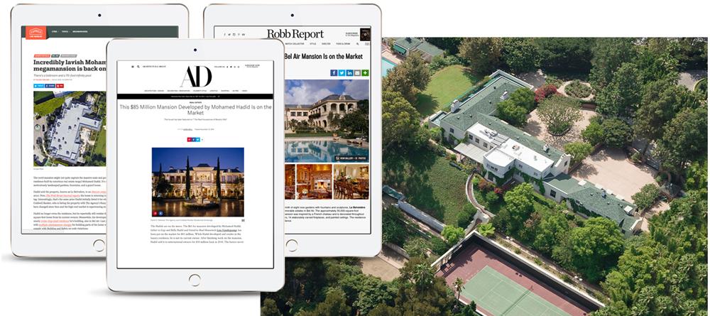 Three iPads showing samples of how a luxury property can be marketed in real estate related websites.