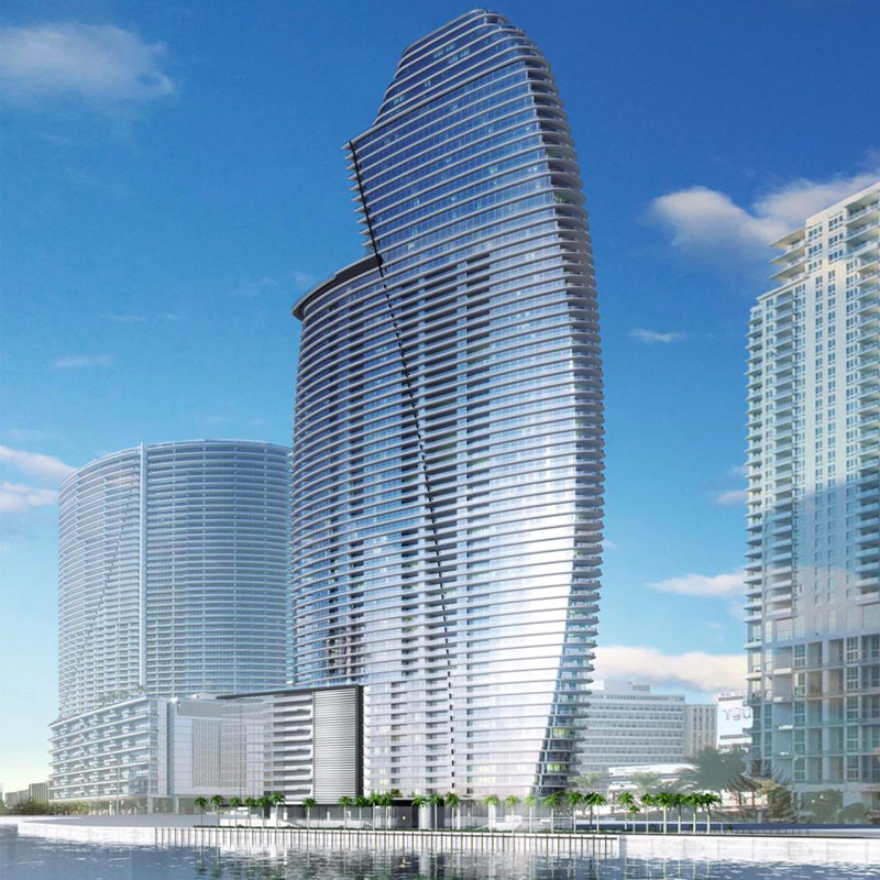 3D Rendering view of Aston Martin Residences from Miami River connection with Biscayne Bay.