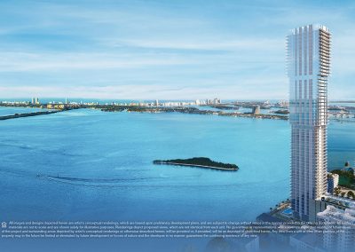 Aerial daytime photograph of Edgewater Miami showing a 3D rendering of Elysee Condo in its surroundings.