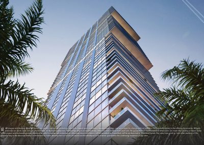 3D rendering sample of Elysee condo from the ground up looking up at the building at dusk time.