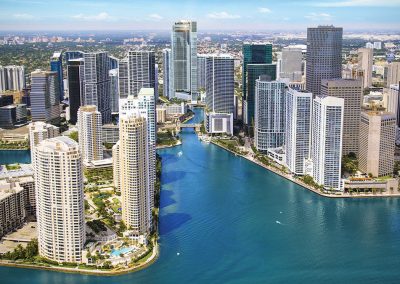 3D rendering sample of One River Point condo with neighboring buildings in Downtown Miami.