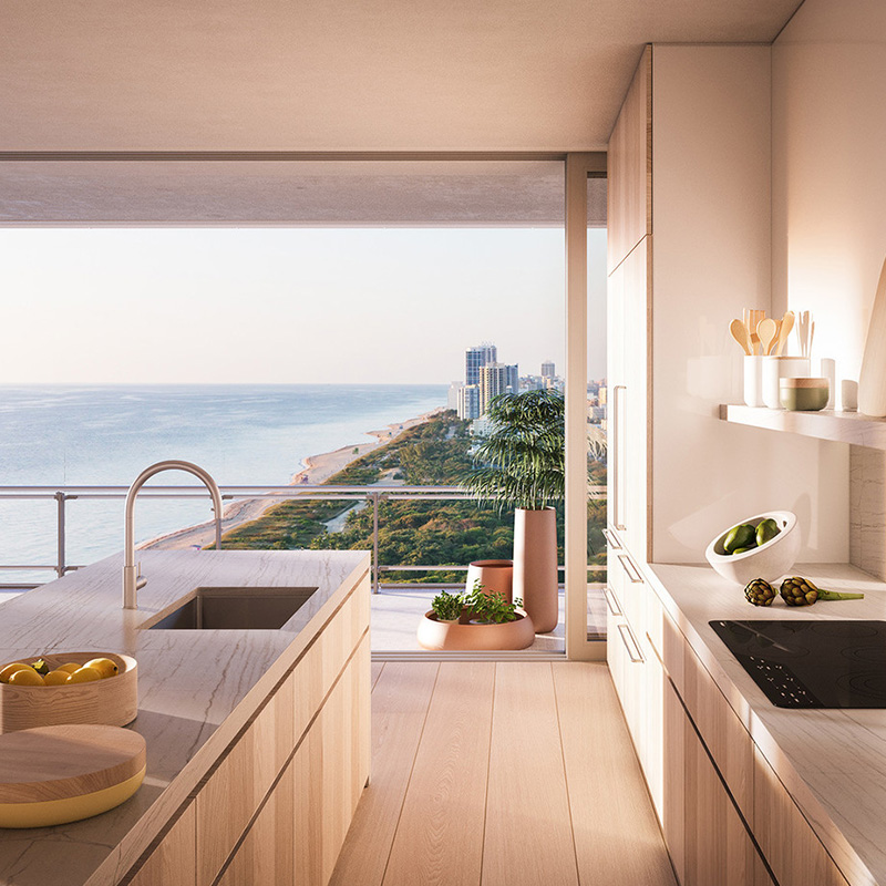 3D rendering of a modern kitchen with a view of Miami Beach in the background.
