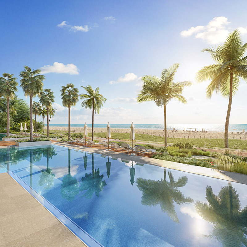 3D rendering of a pooldeck with a view of the beach in the background.