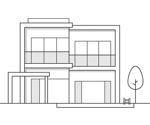 Illustration showing a single family home. Icon is linked to a search by homes section of the website.