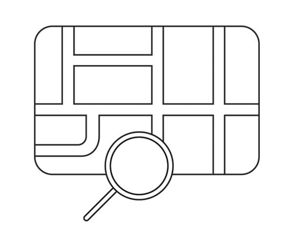 Illustration showing a magnifying glass on top of a map. Icon is linked to a search by map section of the website.