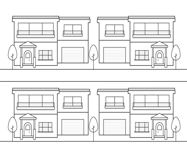 Illustration showing 4 homes. Icon is linked to a search by neighborhood section of the website.